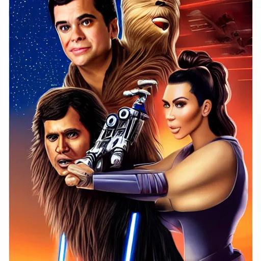 Image similar to super detailed star wars movie poster with ben shapiro, snooki and kim kardashian, 8k full HD photo, cinematic lighting, anatomically correct, oscar award winning, action filled, correct eye placement,