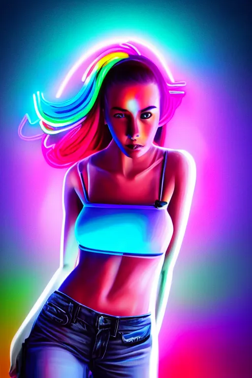 Image similar to a award winning half body portrait of a beautiful woman with stunning eyes in a croptop and cargo pants with rainbow colored ombre hairstyle head in motion and hair flying by thomas danthony, surrounded by whirling illuminated neon lines, outrun, vaporware, shaded flat illustration, digital art, trending on artstation, highly detailed, fine detail, intricate