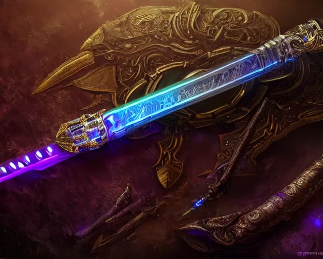 Prompt: legendary glowing sword of cybernetic technology on a table, digital award winning artwork, intimate dark moody, intricate, long sharp black and iridescent blade, ornate spikes, colorful hilt, detailed realistic, raytraced blade, colored gems, golden pommel, trending on artstation and deviantart