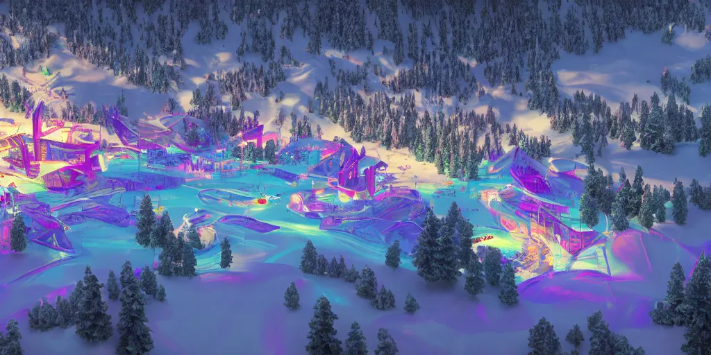 Prompt: psychedelic ski resort, concept art, architectural plans, synthwave, iridescent lighting, 4 k render, octane, ray tracing, detailed