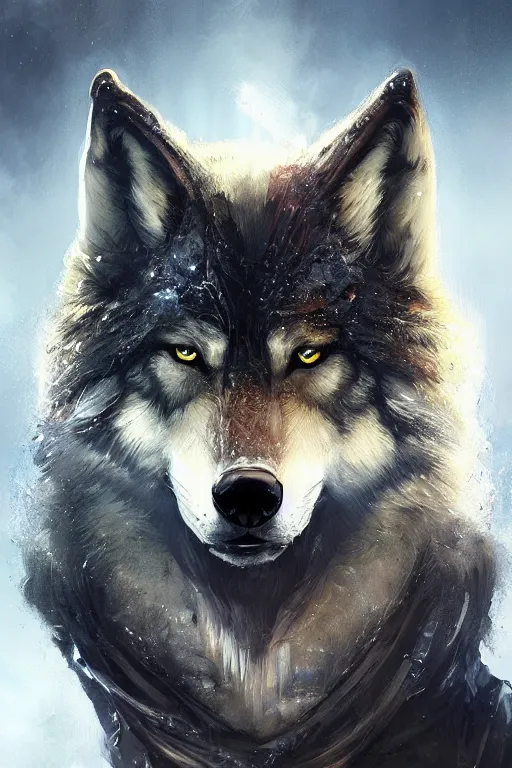 Image similar to a fancy portrait of a wolf with crystal fang's by Greg Rutkowski, Sung Choi, Mitchell Mohrhauser, Maciej Kuciara, Johnson Ting, Maxim Verehin, Peter Konig, final fantasy , mythical, 8k photorealistic, cinematic lighting, HD, high details, atmospheric,