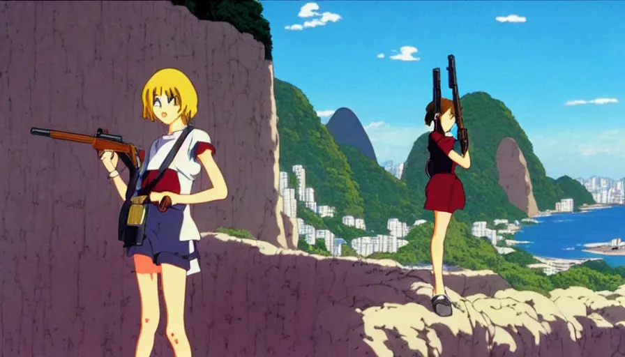 Image similar to 1 9 8 6 anime screencap of a girl with a gun on a rio de janeiro anime, by hayao miyazaki, studio ghibli, rio background extremely high quality artwork