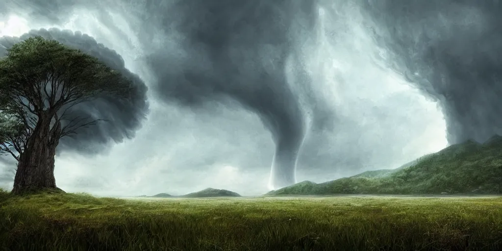 Image similar to A tornado in a beautiful scenic landscape, nature, trees, wide angle, super highly detailed, professional digital painting, artstation, concept art, smooth, sharp focus, no blur, no dof, extreme illustration, Unreal Engine 5, Photorealism, HD quality, 8k resolution, cinema 4d, 3D, beautiful, cinematic, art by artgerm and greg rutkowski and alphonse mucha and loish and WLOP