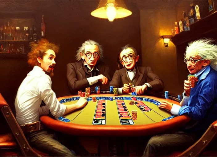 Image similar to playing poker in a saloon, Isaac Newton and Stephen Hawking and Albert Einstein, by Mandy Jurgens, trending on artstation, Richard Schmid and norman rockwell