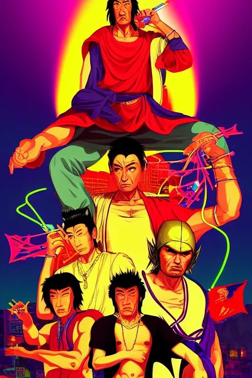 Prompt: journey to the west. pop art, comic art, gta vice city style, no duplicate image, glowing lights, ultra realistic, ultra details, digital painting, artstation, concept art, smooth, sharp focus, illustration, intecrate details, art richard hamilton and mimmo rottela, kirokaze and paul robertson, neil gaiman and mark millar