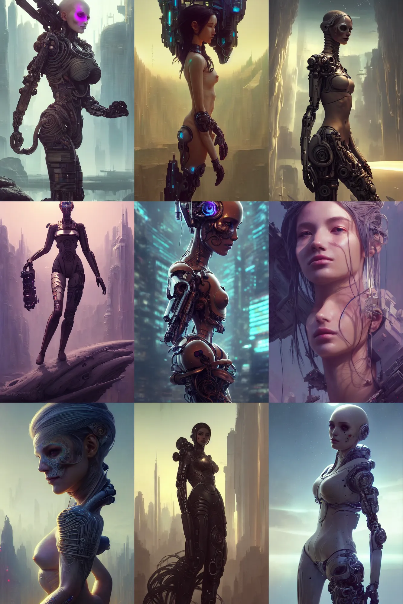 Prompt: wanderer, beautiful female android!, intricate detailed environment, photorealistic!, octane render, mechanical, concept art, cinematic lighting, digital art, cgsociety, hyper realism, sharp, cyberpunk, 8 k, los muertos. by artgerm and wlop and maciej kuciara and moebius and greg rutkowski and alphonse mucha and stanley lau