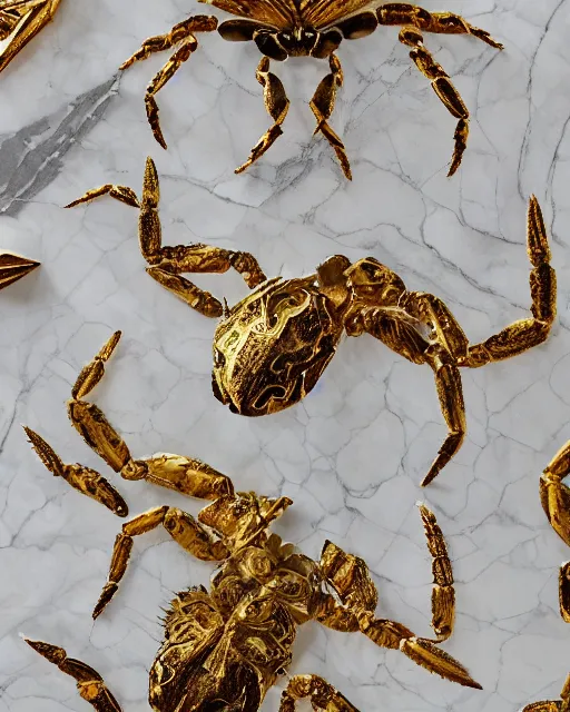 Image similar to white calacatta gold marble, white and gold kintsugi, feminine shapes, crab shapes, spider shapes, scorpion shapes, tarantula shapes, stunning, highly detailed, intricately detailed, octane, 8 k, trending on artstation