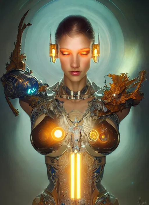 Image similar to cyborg recharging, diffuse lighting, fantasy, intricate, elegant, highly detailed, lifelike, photorealistic, digital painting, artstation, illustration, concept art, smooth, sharp focus, art by John Collier and Albert Aublet and James jean and Brian froud and ross tran and Artem Demura and Alphonse Mucha