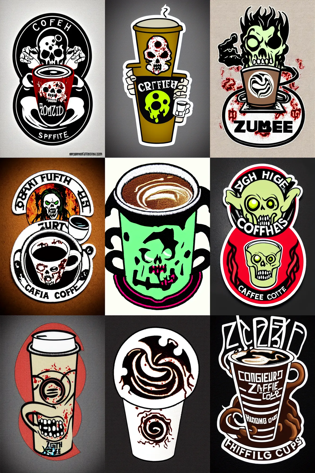 Prompt: patch logo design, zombie holding coffee cup, high detail spiral design, retro futurist