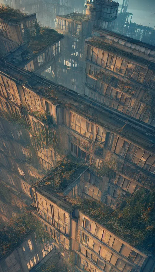 Image similar to a beautiful hyperdetailed illustration of port urbex building industrial architecture abandoned nature city architecture unfinished building by mike winkelmann, at dawn, archdaily, wallpaper, highly detailed, trending on artstation.