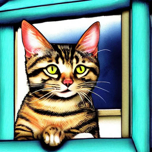 Prompt: a tabby cat looking trought the window, at a nuclear exlosion, digital art