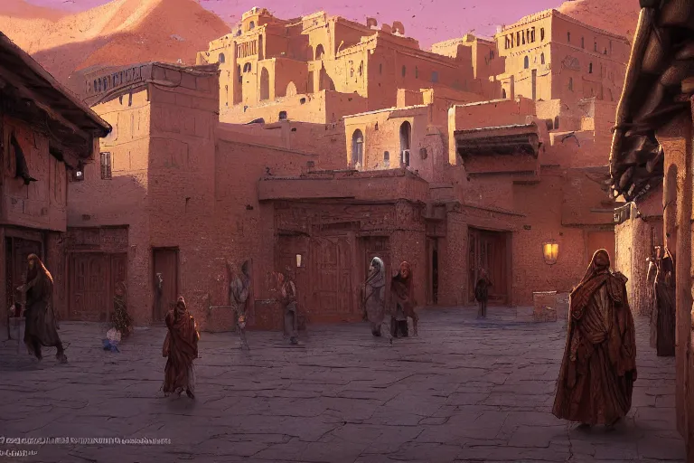 Prompt: low angle in the middle of a adobe house kasbah town, mud and brick houses, merchant street, pueblo dense architecture, colorful crowd. Huge persian temple in a plaza, round roof. Scenic view at night, underexposed, clean horizon, matte painting by craig mullins and dan mumford, dark fantasy, style of game of thrones, concept art trending on artstation, 4k, insane details