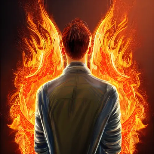 Prompt: young cyberpunk man from behind with flames coming out of hands at the end of the world, very detailed, realistic, symmetrical face, art by digital painting