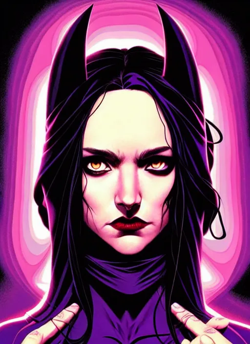 Image similar to Rafael Albuquerque comic cover art, artgerm, Joshua Middleton, pretty Stella Maeve witch doing black magic, serious look, purple dress, symmetrical eyes, symmetrical face, long black hair, full body, dark forest, cool colors