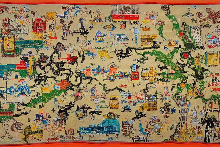 Image similar to an elaborate and dense painting of a kids road map carpet rug, detailed, made of alcohol ink on parchment and penned illustrations, by wes anderson and geoff darrow!!!!!