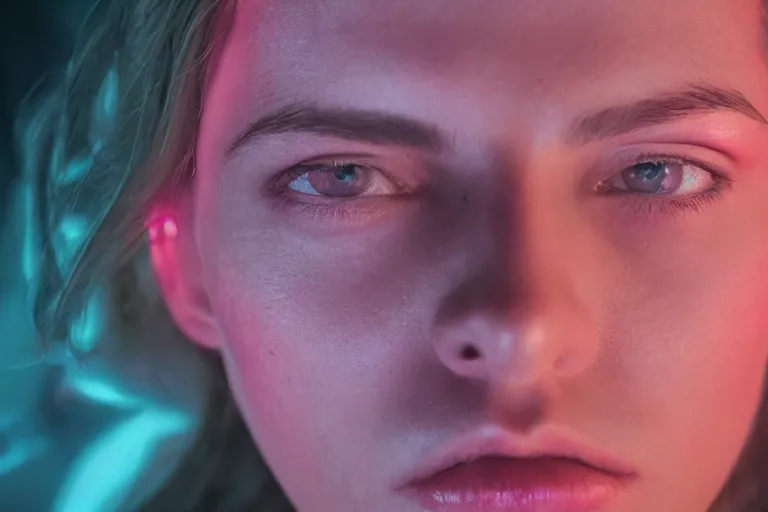 Prompt: VFX movie of a hacker closeup portrait in high tech compound, beautiful natural skin neon lighting by Emmanuel Lubezki