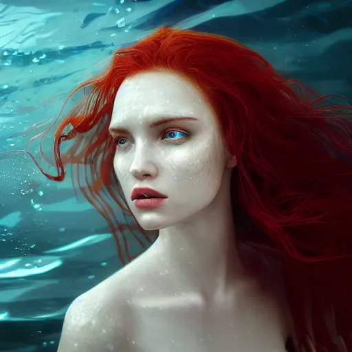 Image similar to a portrait of woman with long dark curly red hair under the water, stoic, windy, pale skin with dark scales, mermaid, alone, underwater, fish, white eyes, dramatic, epic painting, painting by wlop and nixeu, semirealism, artstation, octane render, sharpness, 8 k, golden ratio