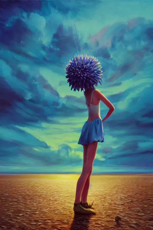 Image similar to closeup giant dahlia flower head, girl standing on beach, surreal photography, blue sky, sunrise, dramatic light, impressionist painting, digital painting, artstation, simon stalenhag