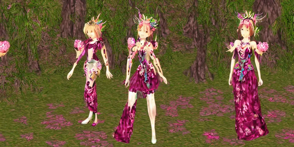 Image similar to cute female forest spirit wearing ornate floral cybernetic hungarian valentino resort dress in a 3 d psx ps 2 jrpg style, esoteric magical alien meadow ritual environment, fashion gameplay screenshot, highly detailed, atelier, xenogears