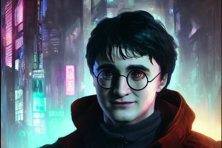 Prompt: portrait of Harry Potter in cyberpunk, neon lighting, cyber glasses, portrait in center, digital art from artstation by Ruan Jia and Mandy Jurgens and Artgerm and william-adolphe bouguereau and Greg Rutkowski and Wayne Barlowe