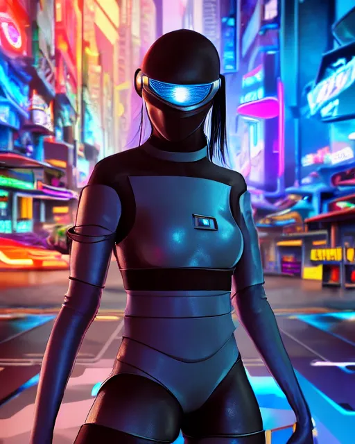 Prompt: cyber punk ninja standing in front of arcade game, behind a futuristic city, with flying cars in the foreground, female, prismatic highlights, atmosphere, gorgeous, brown skin, beautiful, depth of field, cinematic, macro, concept art, 50mm, artstation, digital painting, elegant, epic, weta digital, focus, octane render, v-ray, 8k, kodak portra, art by Asaf Hanuka