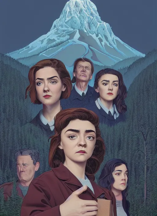 Prompt: Twin Peaks poster artwork by Michael Whelan and Tomer Hanuka, Rendering of Zendaya, Maisie Williams and Jennifer Connelly are high school students attending a funeral from scene from Twin Peaks, full of details, by Makoto Shinkai and thomas kinkade, Matte painting, trending on artstation and unreal engine