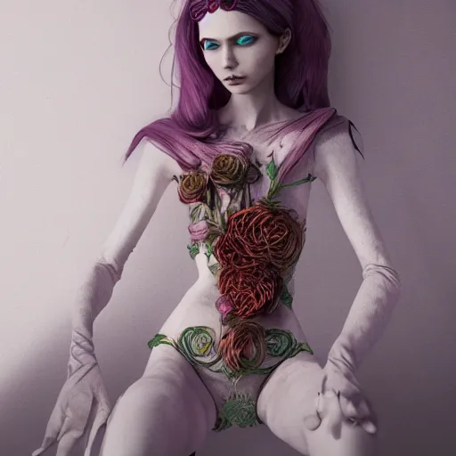 Image similar to cthulhy woman, clothes made out of flower, bedroom, ultra realistic, concept art, intricate details, highly detailed, photorealistic, octane render, 8 k