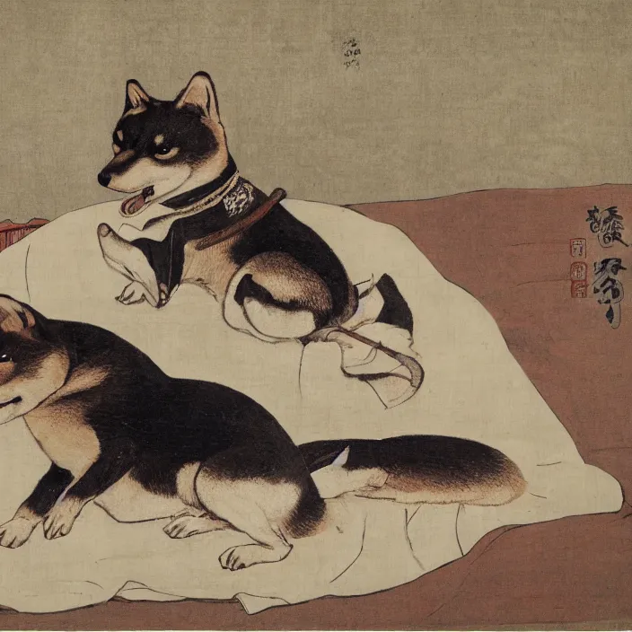 Image similar to a shiba-inu-samurai waking up from a nap, artwork on loan from the historical dog society of japan