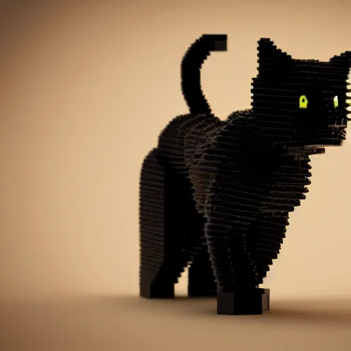 Prompt: a black cat with yellow eyes made out of legos, octane render, studio lighting