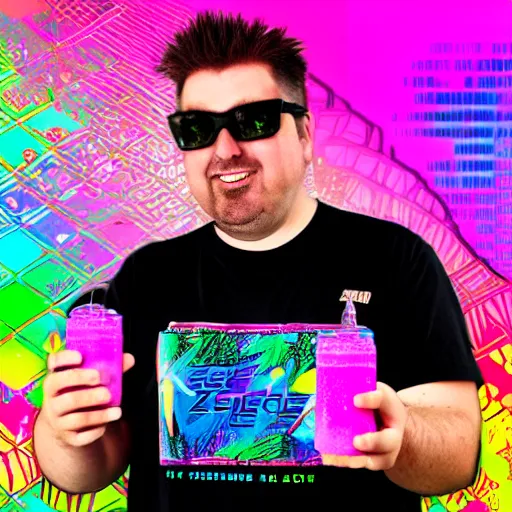 Image similar to Jeff Gerstmann enjoying a Zoe Energy drink in the Vaporwave zone, detailed, colorful