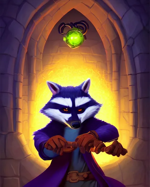 Image similar to closeup, highly detailed digital illustration portrait of hooded sorcerer sly cooper raccoon casting a magical glowing spell in a castle, action pose, d & d, magic the gathering, by rhads, lois van baarle, jean - baptiste monge,