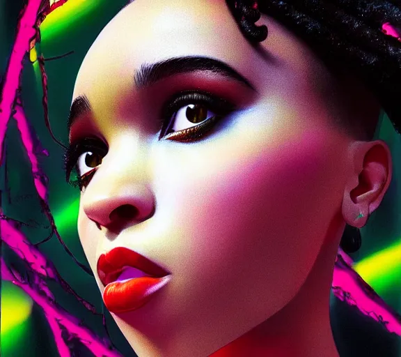 Prompt: very beautiful closeup portrait of a black bobcut hair style futuristic fka twigs kyla pratt in a blend of manga - style art, augmented with vibrant composition and color, all filtered through a cybernetic lens, by hiroyuki mitsume - takahashi and noriyoshi ohrai and annie leibovitz, dynamic lighting, flashy modern background with black stripes