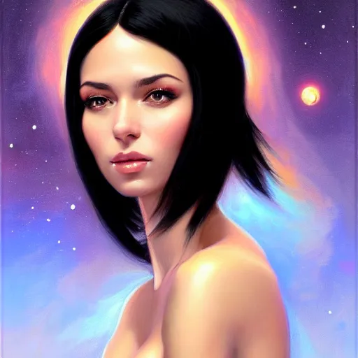 Image similar to a portrait of a very beautiful woman in a spacesuit, Alexandria\'s genesis, shoulder-length black hair, bored, illustration, soft lighting, soft details, painting oil on canvas by mark arian by artgerm, trending on artstation, 4k, 8k, HD