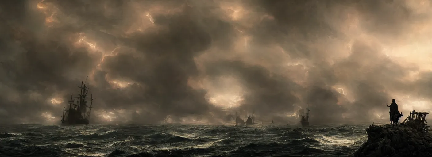 Image similar to a pirate standing on his ship watching big explosions on the wild sea, beautiful dramatic moody lighting, cinematic atmosphere, high detail, 8k, ornate, dark fantasy, masterpiece, complex, film still from the movie directed by Denis Villeneuve with art direction by Zdzislaw Beksiński, Dan Mumford, Patiphan Sottiwilaiphong, Yintion J - Jiang Geping