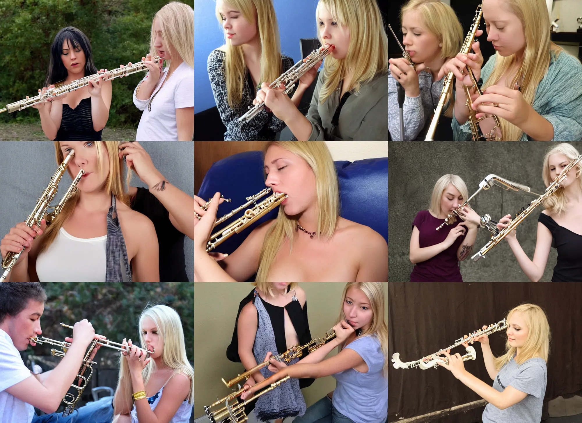 Prompt: blonde girl cuts the strings on the flute