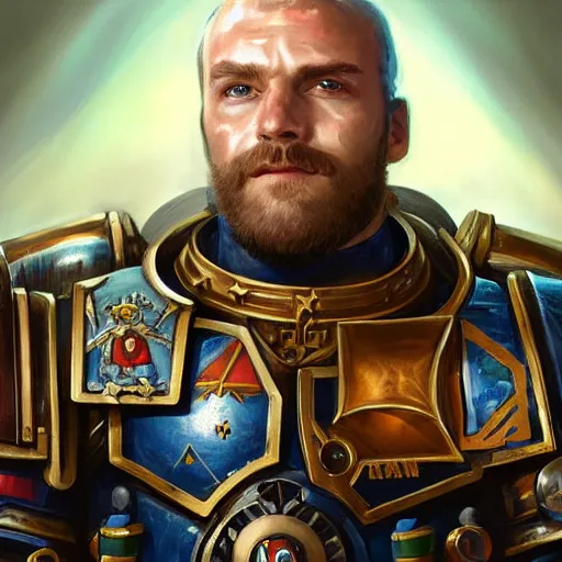 Prompt: Felix Kjellberg, PewDiePie as a space marine Primarch, warhammer 40k, closeup character portrait art by Donato Giancola, Craig Mullins, digital art, trending on artstation