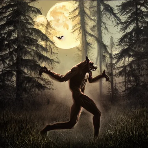 Image similar to man ripping off his skin turning into a werewolf, forest scenery, full moon, illuminated lighting, highly detailed, 4 k