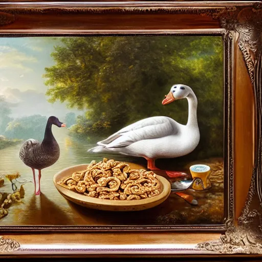 Image similar to a goose eating cereal oil on canvas, intricate, portrait, 8k highly professionally detailed, HDR, CGsociety