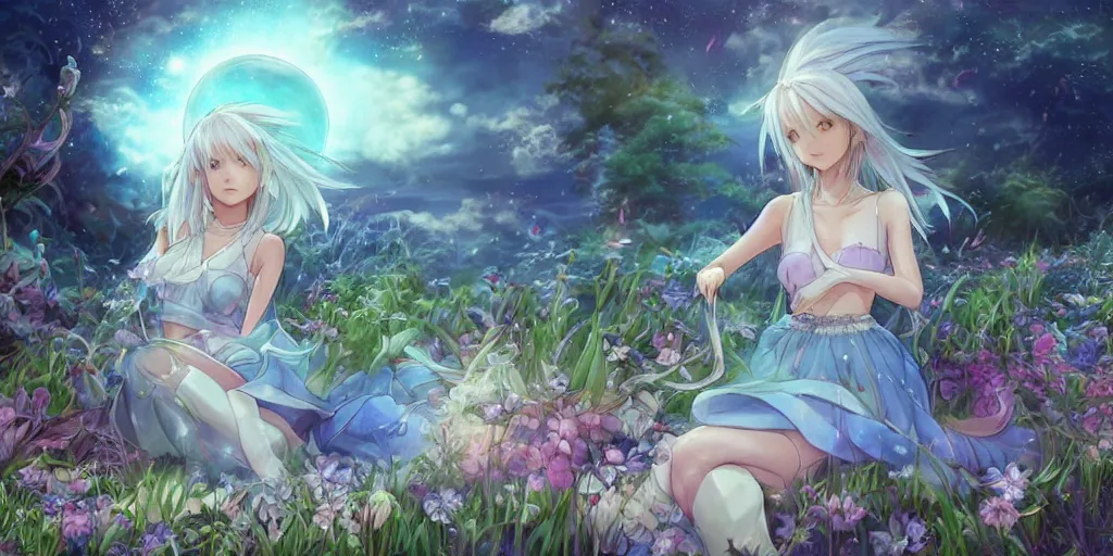 Prompt: final fantasy key visual of a pretty girl with blue flowing hair, wearing a short skirt and a crop top, meditating in a magical fantasy garden at night, moonlight, fireflies glowing, lofi feel, magical, highly detailed, digital art, artstation, smooth, hard focus, illustration, art by artgerm - in the style of final fantasy and studio ghibli