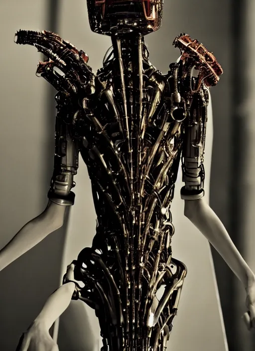 Prompt: walking down the catwalk, steven klein, ben watts, show, stage, vogue photo, podium, fashion show photo, iris van herpen baroque dress, beautiful woman, perfect body, full body shot, helmet on face, masterpiece, guyver, biomechanical details, denis villeneuve, movie still, fauvism, cinestill, bokeh