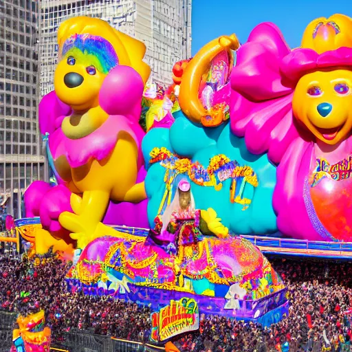 Prompt: photo of giant lisa frank inspired parade float in the macys thanksgiving parade, detailed 4 k photo