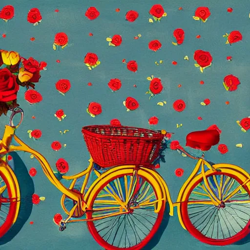 Image similar to a beautiful storybook painting of a vintage yellow Schwinn bicycle with a basket of red roses on the front propped up against a blue wall, anime style and Studio Ghibli, nostalgic heart-warming, trending on artstation hq