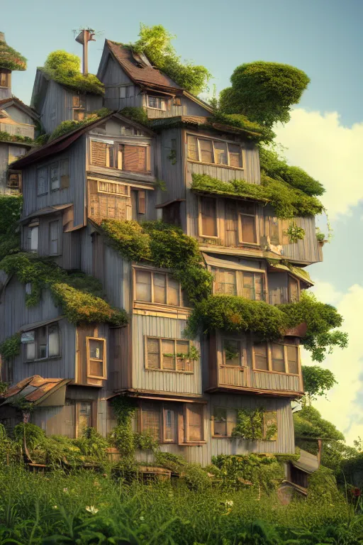 Image similar to stacked houses, solarpunk, studio ghibli, jean - baptiste monge, octane render, 4 k