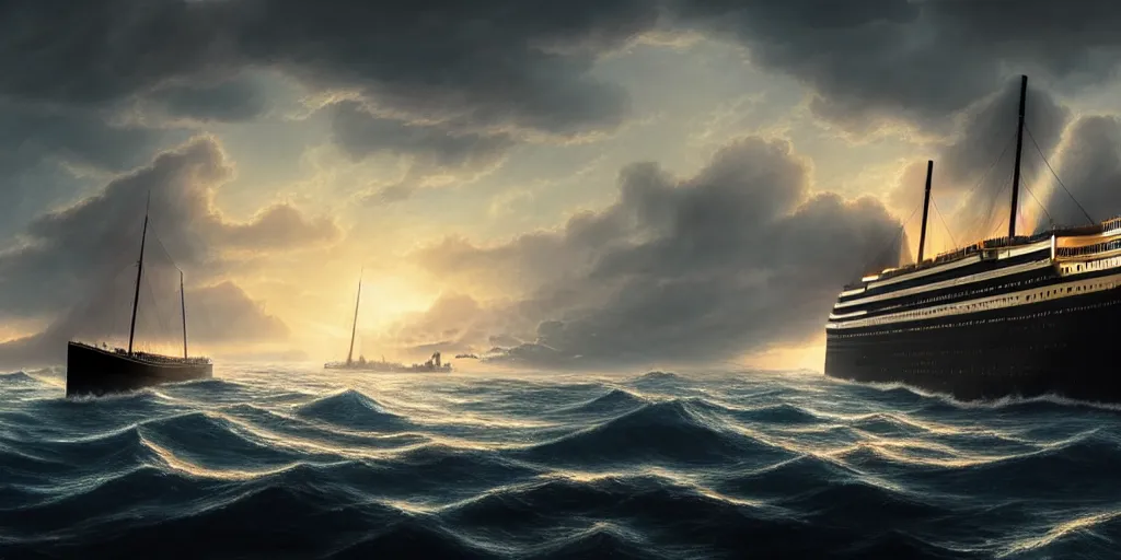 Prompt: beautiful scene render of a huge titanic on the sea, ultra wide angle, the style of andreas rocha, metal, raphael lacoste, scene render, hyper detailed, atmospheric lighting, perfect shadow, 4 k hd