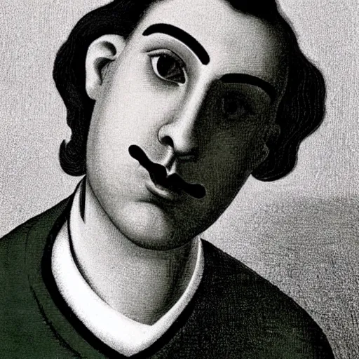 Image similar to young man, long hair!!!!, short facial hair, no mustache, dark green eyes, dark eyebrows, light widows peak light facial hair, in the style of mauritz cornelis escher, in - frame