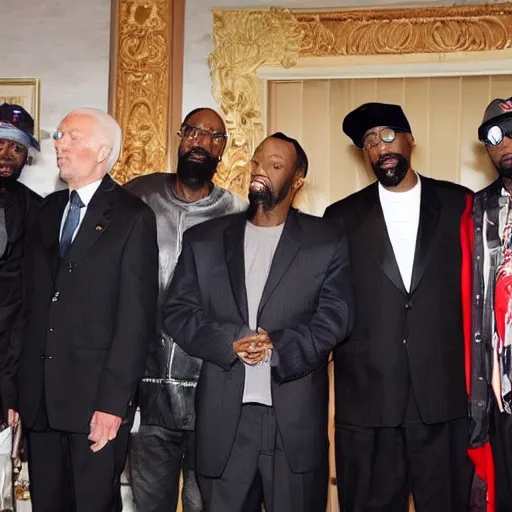 Image similar to Donald trump is inducted as the 10th member of the wu tang clan rap group, he takes a photo with RZA, GZA, old dirty bastard, inspectah deck, U-God, Ghostface killah and the method man