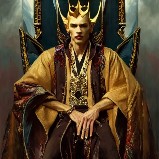 Image similar to perfectly centered portrait of attractive vampire king in a robe sitting on a throne of bones, highly detailed painting by gaston bussiere, craig mullins, j. c. leyendecker, 8 k