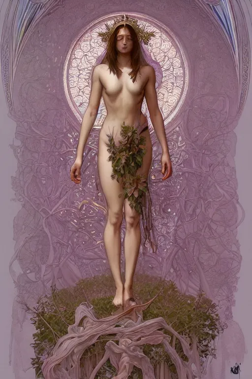 Image similar to a full body portrait of a beautiful ethereal delicate botanist mage queen meditative sacral pose catholic stages of the cross, intricate, elegant, highly detailed, digital painting, artstation, concept art, smooth, sharp focus, illustration, art by krenz cushart and artem demura and alphonse mucha