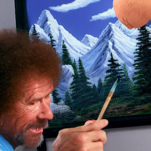 Image similar to a closeup photorealistic photograph of bob ross working on a canvas painting of mickey mouse. film still. brightly lit scene. mountains and trees. this 4 k hd image is trending on artstation, featured on behance, well - rendered, extra crisp, features intricate detail, epic composition and the style of unreal engine.