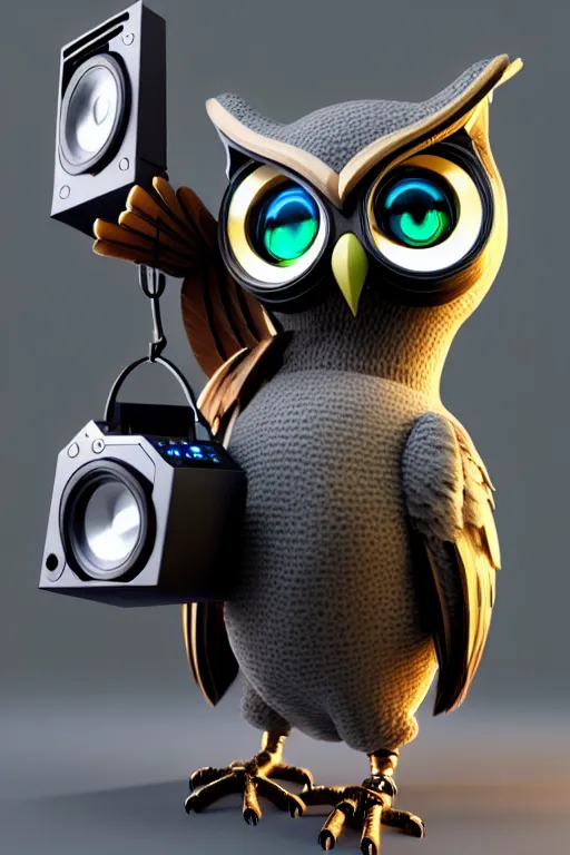 Image similar to high quality 3 d render very cute cyborg owl! with boombox!, cyberpunk highly detailed, unreal engine cinematic smooth, in the style of blade runner & detective pikachu, hannah yata charlie immer, moody light, low angle, uhd 8 k, sharp focus